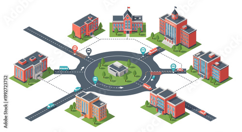 Isometric city map with various public and private buildings connected by roads and a central roundabout, illustrating urban infrastructure and traffic flow.