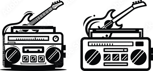 Retro boombox and electric guitar vector illustration with black and white old school boom box cassette illustration instrument collection