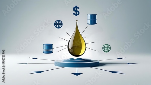 crude oil price market impact concept, central golden oil drop with arrows to barrels, globe and dollar icons in minimal infographic style