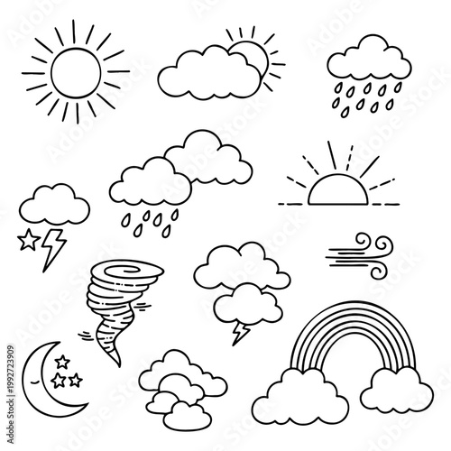 Weather Icon Set With Sun Clouds Rain Rainbow And Tornado Vector Collection