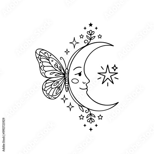 Crescent Moon With Smiling Face And Butterfly Wings Bohemian Vector Illustration