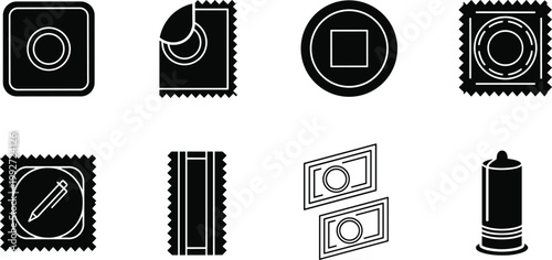 Condom contraceptive icons set safe sex protection birth control latex package vector solid collection symbols