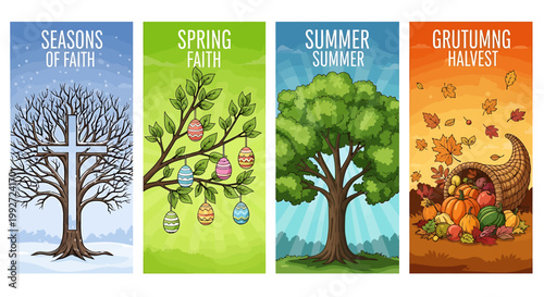 Four seasons of faith tree banners with cross easter eggs fruits and vegetables