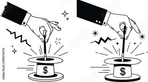 Magic dollar sign trick vector illustration with black and white business cylinder illustration surprise investment