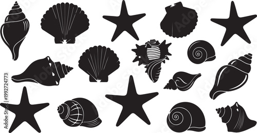 Sea shell sink stencil stamp set. Ocean exotic underwater seashell conch aquatic mollusk, sea spiral snail marine starfish seal brand collection. Tropical beach shells aquatic design illustration