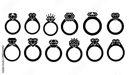 Diamond engagement ring silhouette collection with modern and classic jewelry styles isolated on white