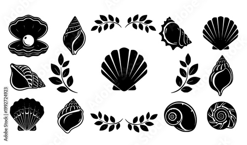 Seashell icon set with clam pearl and botanical wreath silhouette vector isolated on white background