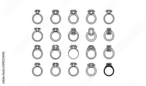 Diamond engagement ring icon set with different cuts and settings jewelry symbols isolated on white background