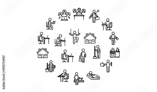 Stick figure icon set with daily activities and remote work lifestyle symbols isolated on white background