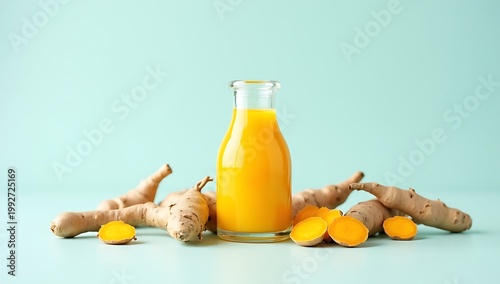 A glass bottle filled with bright yellow turmeric juice placed on a soft pastel background, surrounded by sliced turmeric roots, clean minimal composition
