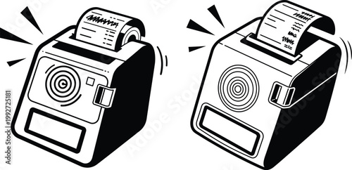 Two receipt printers with paper output and sound waves cash register point of sale terminal transaction commerce business printing purchase