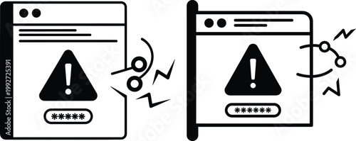 Two computer screens with error and password warning icons security computer internet password information protection database connection