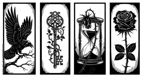 Tattoo designs with bird key hourglass and rose on black and white background
