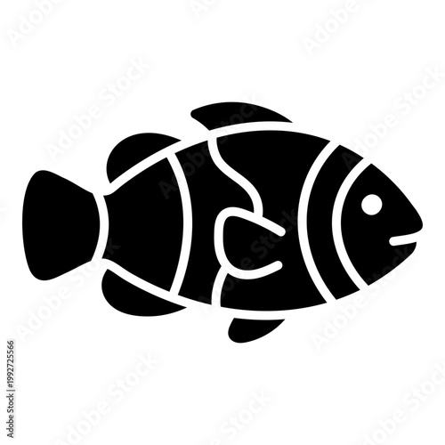 Clownfish icon, symbolizing tropical marine life, aquarium animals, ocean biodiversity, and underwater wildlife. Bold solid glyph vector for sea life and aquatic design.