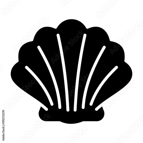 Scallop shell icon, symbolizing seafood, marine nature, beach elements, and ocean life. Bold solid glyph vector for sea food and coastal design.