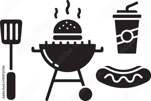Black BBQ icons, grill, burger, hot dog, soda cup, vector set