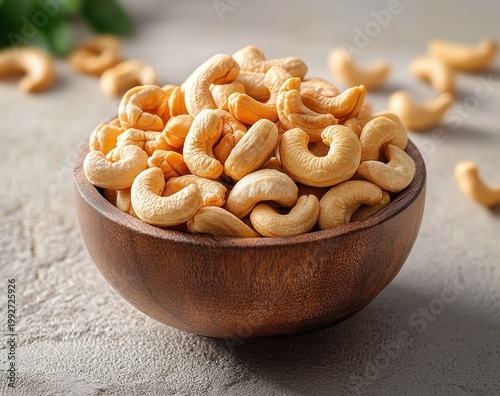 close-up of a wooden bowl overflowing with cashew nuts on a textured surface with scattered nuts and a soft green background blur, warm inviting and appetizing scene