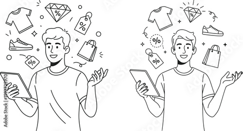 People shopping online with mobile devices and product icons e commerce shopping e-commerce products purchase technology consumer customer