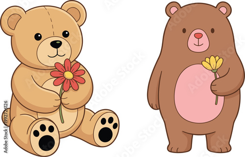 Two cute cartoon bears holding flowers with playful expressions against a white background