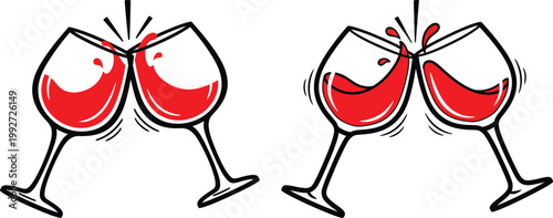 Two pairs of wine glasses clinking with red wine splash celebration restaurant clinking beverage refreshment appetizer festivity toasting