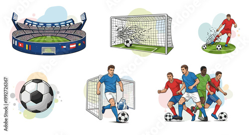 Dynamic soccer scenes featuring a stadium, goal, players in action, and a classic soccer ball, all rendered in a vibrant, scalable vector illustration with clean lines and a