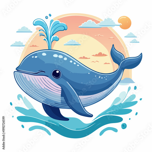 Cute cartoon whale breaching in ocean waves during sunset, playful marine life