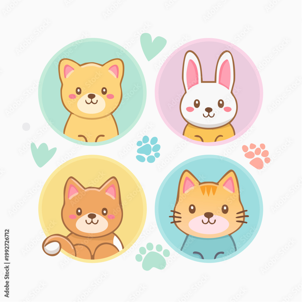 Fototapeta premium Cute Kawaii Animals Set: Dog, Cat, Rabbit Illustrations in Circles