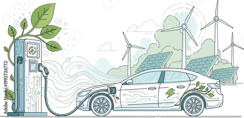 Electric vehicle charging at a station powered by renewable energy sources like solar panels and wind turbines promoting sustainable transportation.