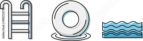 Flat vector line icons featuring a swimming pool ladder a white float ring and stylized blue water waves design