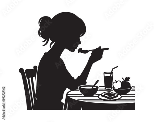 Black silhouette of woman eating breakfast at table, female profile having healthy morning meal, person dining with bowl and fruit vector illustration