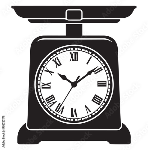 Vintage kitchen scale vector illustration, black mechanical weighing machine with roman numeral clock face, antique food scale icon for culinary design