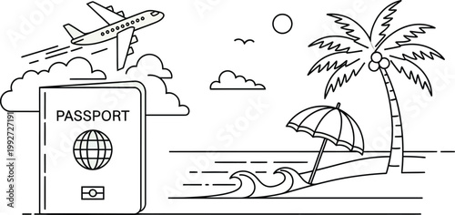 Passport showing global travel concepts with a jet airplane flying over a sunny beach landscape for summer vacation trip planning