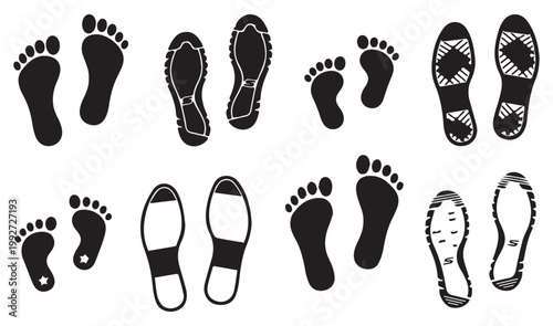 Human footprint and shoe print vector set, black silhouette foot marks and boot sole tracks, forensic evidence and walking path icons