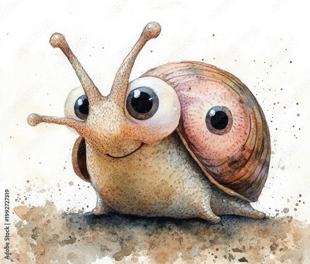 Fototapeta premium Smiling watercolor snail with oversized glossy eyes, textured spiral shell and playful expression on speckled paper with paint splatters