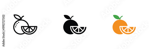 Orange fruit icon set with citrus slice in line filled outline and solid styles fresh fruit juice grocery symbol vector illustration