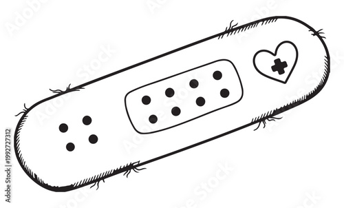 Hand-drawn adhesive bandage vector illustration, black and white medical plaster with heart detail, cute doodle style first aid strip for healthcare design