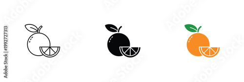 Orange fruit icon set with citrus slice in line filled outline and solid styles fresh fruit juice grocery symbol vector illustration