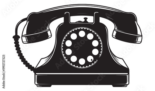 Vintage rotary telephone vector illustration, antique black desk phone with handset and coiled cord, retro analog telecommunication equipment icon