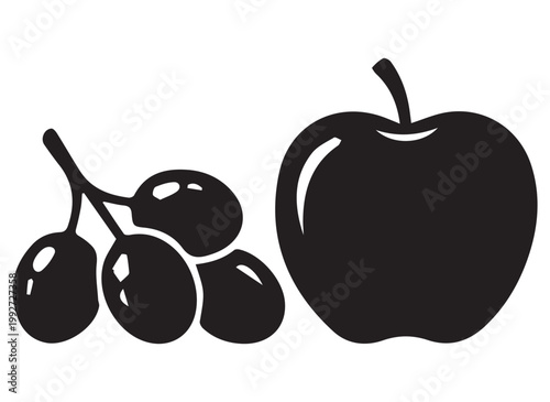 Minimalist apple and grapes fruit silhouette icons, black and white food vector graphics, simple organic produce illustrations for grocery branding