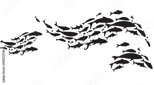 Minimalist school of fish vector silhouettes, black aquatic sea life swimming in wave formation, decorative marine animal group graphic