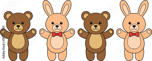 Two teddy bears and two bunnies with red bow ties stand side by side against a white background