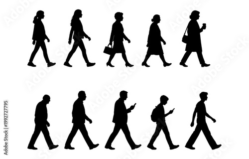 vector illustration. silhouettes of people walking along the street. Large set of characters of different ages.	
