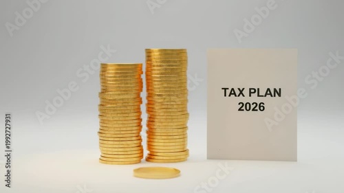 Tax planning tax plan coin finance saving budget investment concept with gold coin stack, tax plan note, accounting audit calculator strategy document