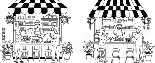 Vector illustration of two market stalls with awnings and plants market stand black and white vegetables commerce shopping merchandise building