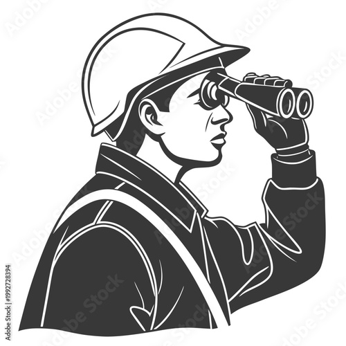 Construction worker, engineer, or inspector looking ahead, hard hat, binoculars, vector illustration