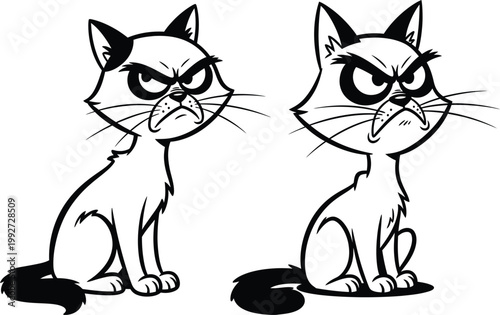 Vector illustration of two grumpy cats with angry expressions black and white pet owner expression attitude displeased illustration character