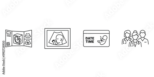 Pregnancy ultrasound diagnostic and maternity healthcare collection featuring fetal scan results appointment schedule and medical team icon vector illustration.
