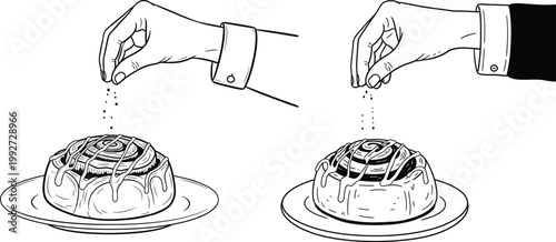 Vector illustration of hands sprinkling seasoning onto cinnamon rolls with cinnamon roll baked good seasoning sprinkling appetite delicious