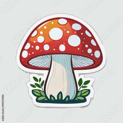 Cartoon Fly Agaric Mushroom with Green Leaves