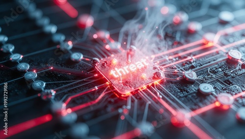 Cybersecurity risk management concept showing glowing red warning signal on an electronic circuit board indicating a critical system threat with smoke and digital network nodes in high resolution